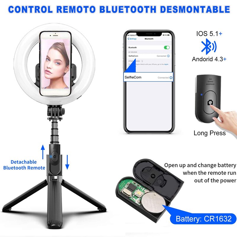 Anillo de Luz Palo Selfie L07, Anillo de Luz LED con Trípode Control Remoto Inalámbrico, Aro de Luz para Selfie, vídeo de Youtube
