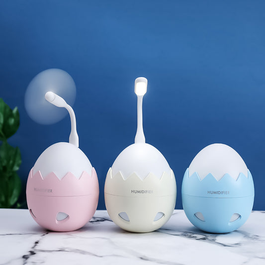 Humidificador de aire 400 ml, Humidificador USB con mini ventilador y mini lámpara, Atomizador De Aire con forma de Cáscara De Huevo