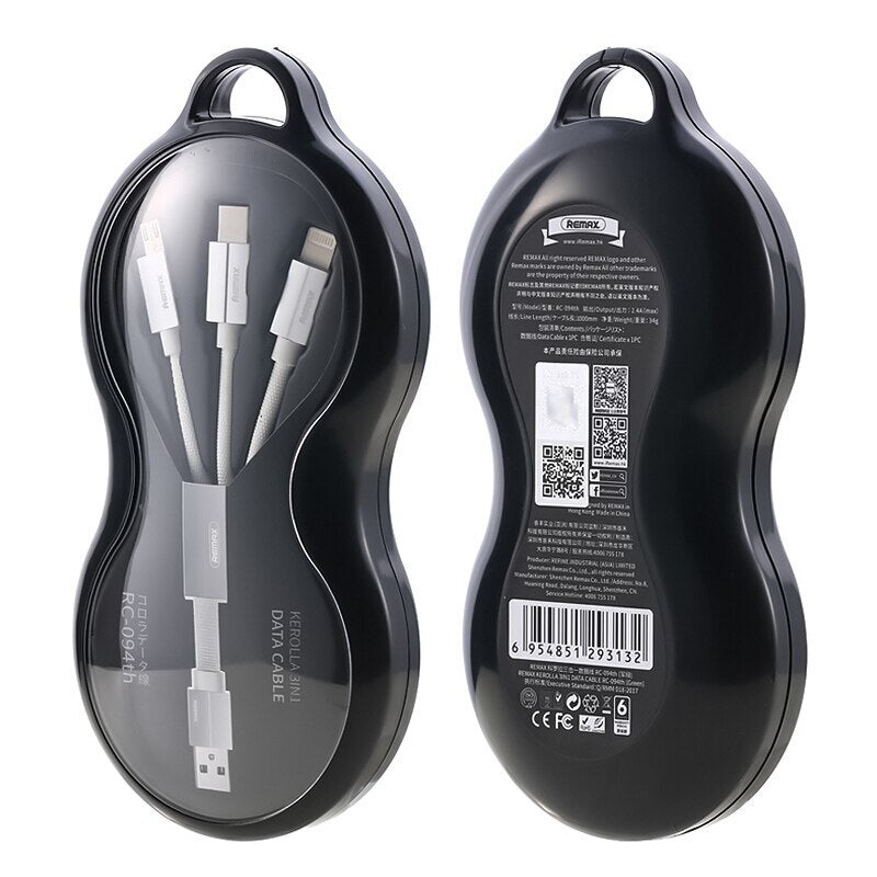 REMAX RC-094th Cable 3 en 1 de USB a Lightning, Micro USB y Tipo-C, Cable Para Cargar Teléfono Móvil, 2.4A,100cm