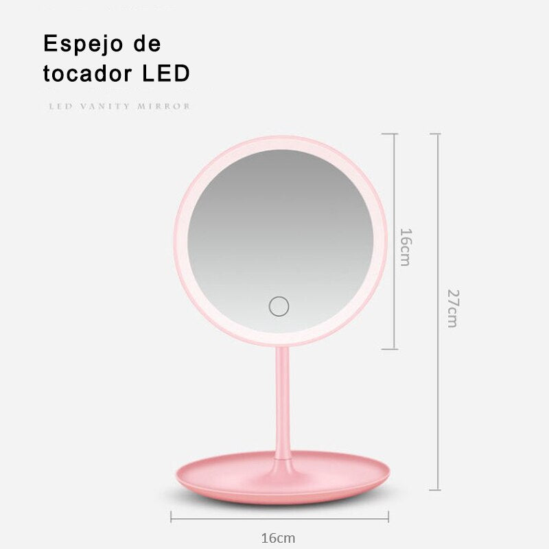 Espejo De Maquillaje Con Luz LED, Espejo Redondo, Con Sensor Táctil, Potencia Ajustable, Recargable Con Cargador