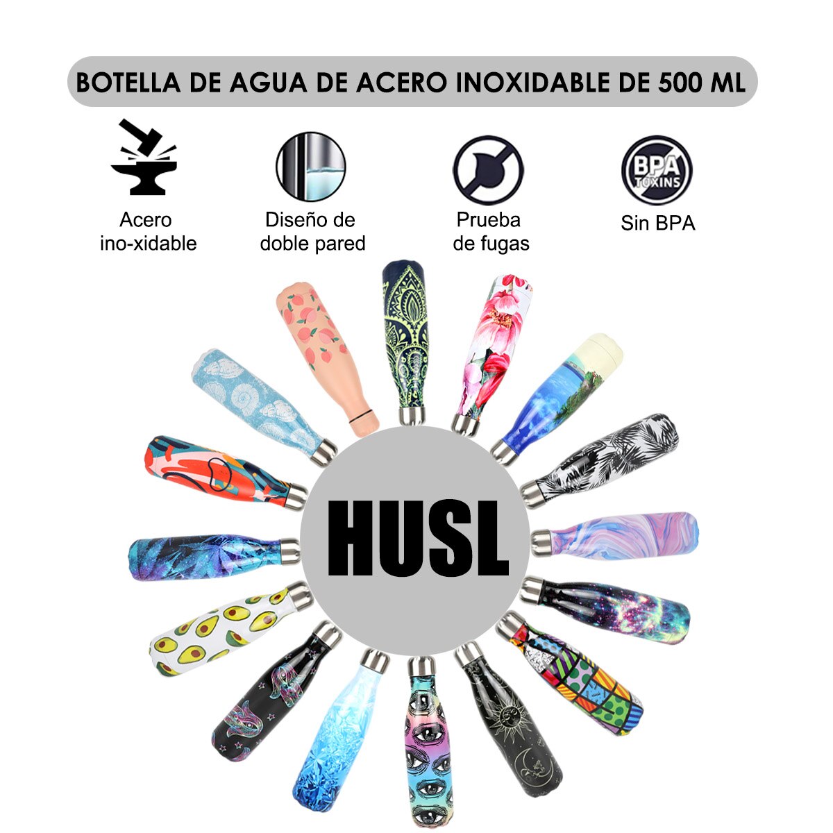 HUSL 500ML Botella Térmica, Botella de Agua Acero Inoxidable, Botella Agua Deporte Sin BPA, Cantimplora de Agua Reutilizable, Termo Agua 12 horas caliente,24 frio, para Viaje, Deporte, Eco-friendly(parte.1)