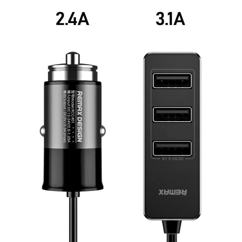 REMAX RCC401 Cargador de Coche 1+ 3 Puertos de USB,DC12-24V,2.4A+3.1A, Cable de 1.5m,Cargador Mechero para Móvil y Tablet