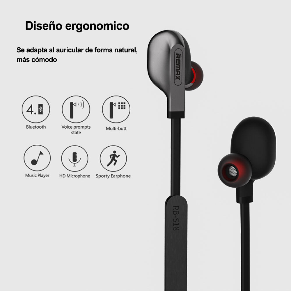 Auricular inalámbrico REMAX RB-S18, funciona por Bluetooth, Auriculares Deportivos Magnéticos In-Ear Inalámbricos con micrófono HD