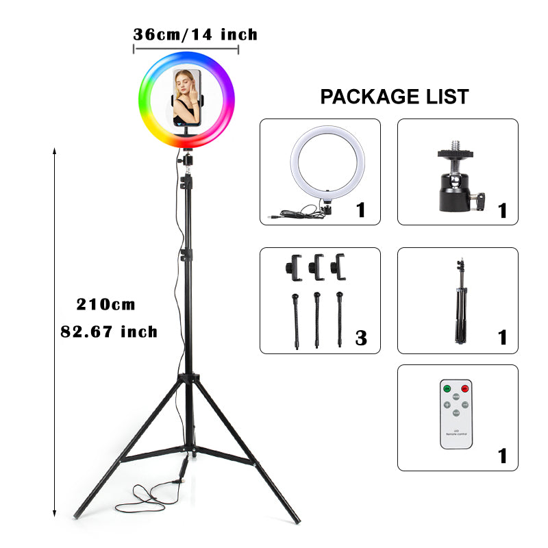 Anillo de Luz RGB LED con Trípode 14"/36CM con Control Remoto y 3 Soportes teléfono, Lámpara de anillo de Selfie regulable para Youtube